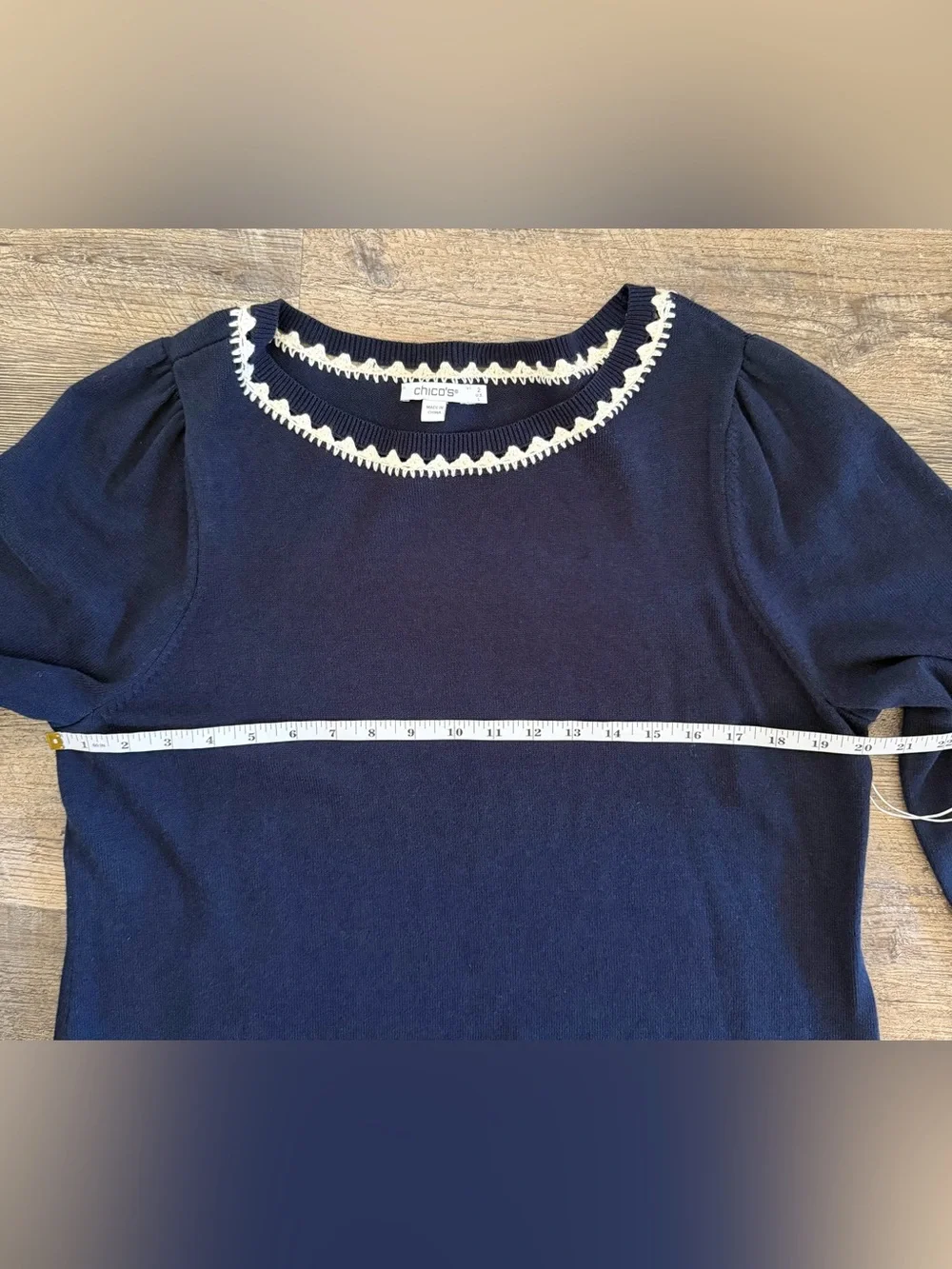 Chicos 2 US Large Navy Blue Knit Pullover Sweater Embroidered Eyelet Sleeves